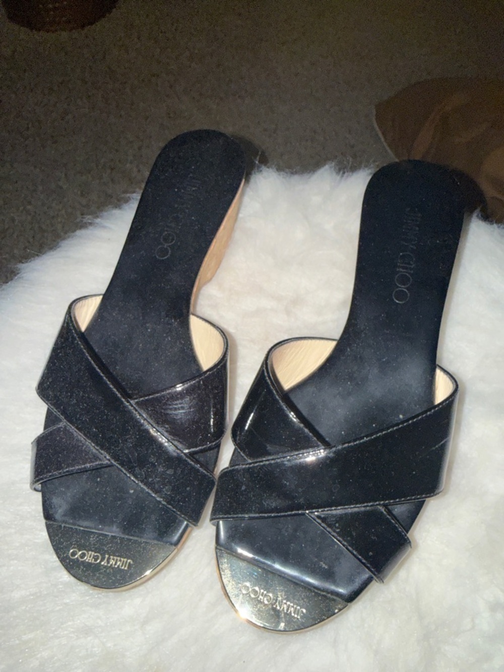 Jimmy Choo Black Patent Crisscross Slide Mules